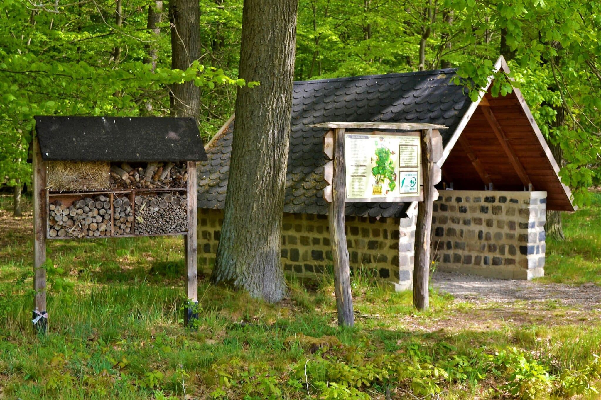 Zahlreiche Informationstafeln vermitteln entlang des Weges - wie hier an einer Schutzhütte -viel Wissenswertes über das Hohe Holz.